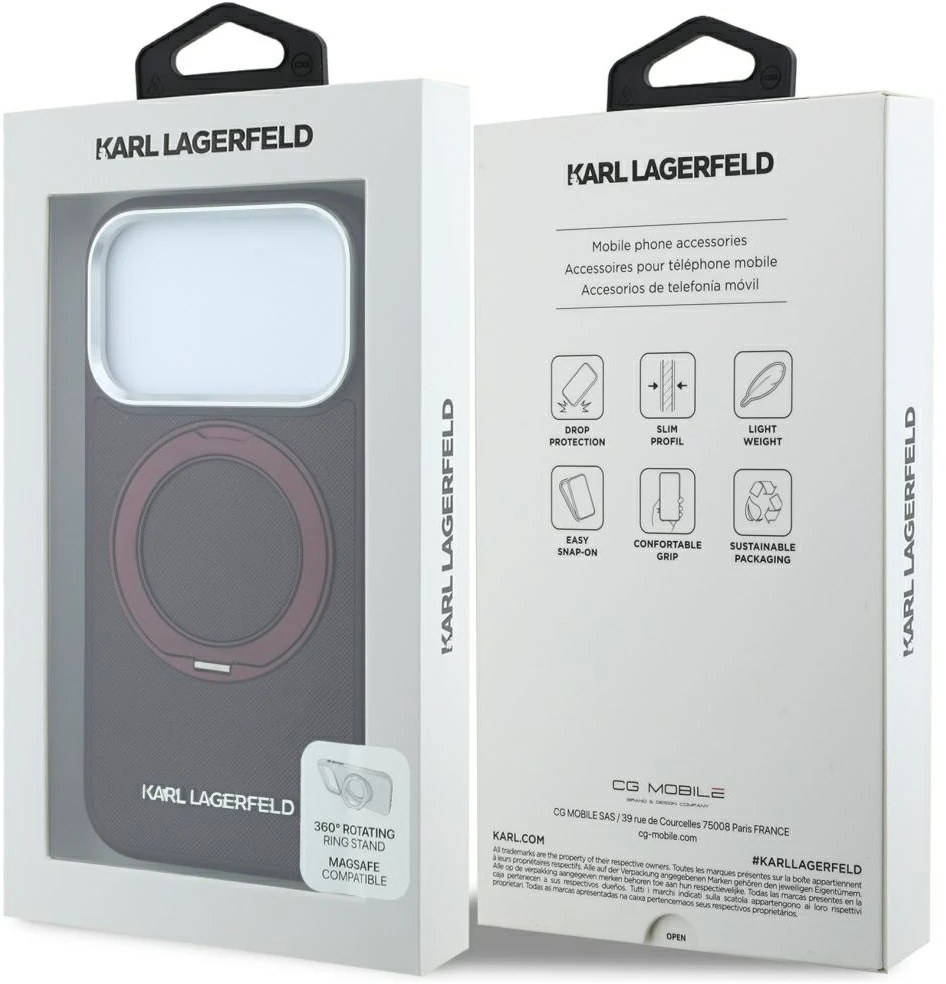 Dėklas Karl Lagerfeld Ring Stand 360 Saffiano Classic Logo MagSafe do iPhone 18 Pro Max / 17 Pro Max bordo spalvos