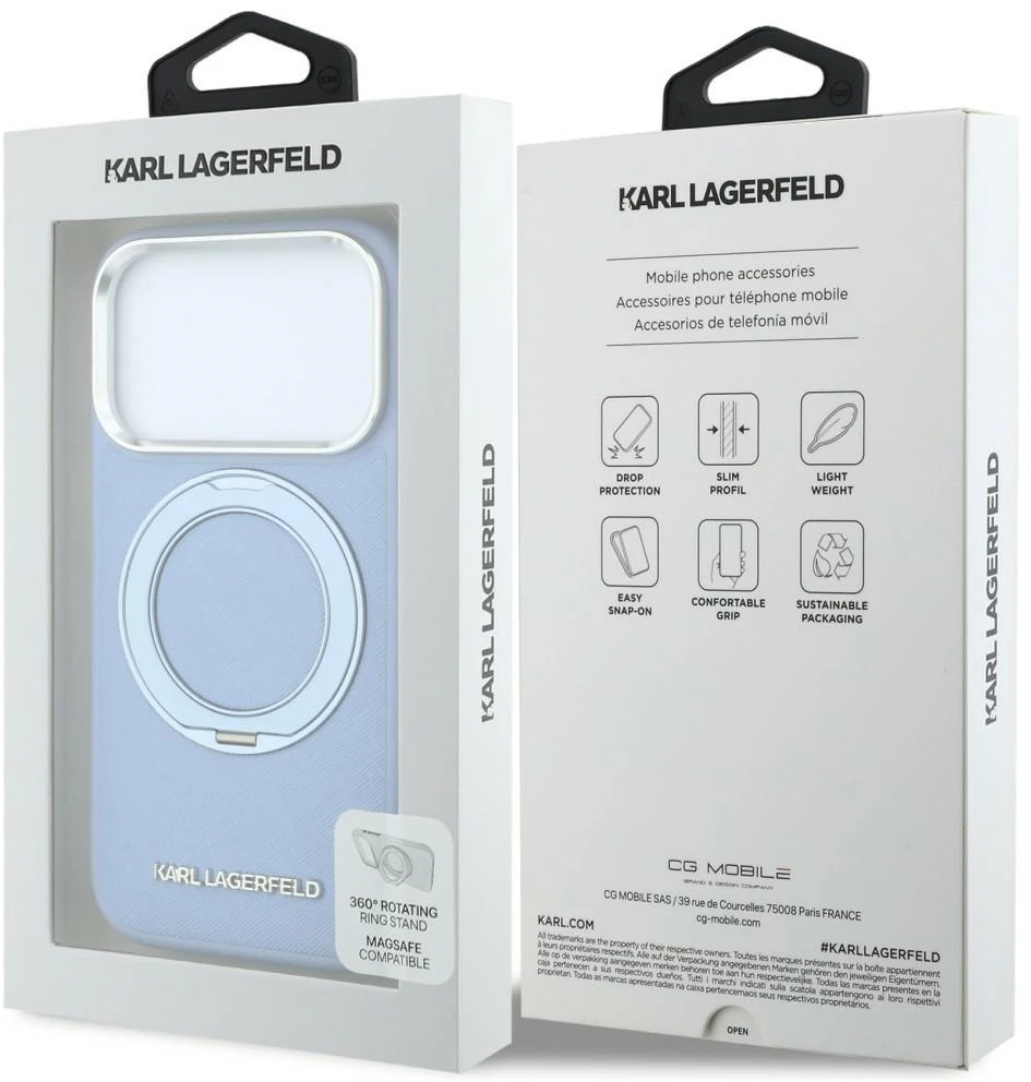 Dėklas Cg Mobile Sas Karl Lagerfeld Ring Stand 360 Saffiano Classic Logo MagSafe case for Iphone 18 Pro Max / 17 Pro Max mėlynas