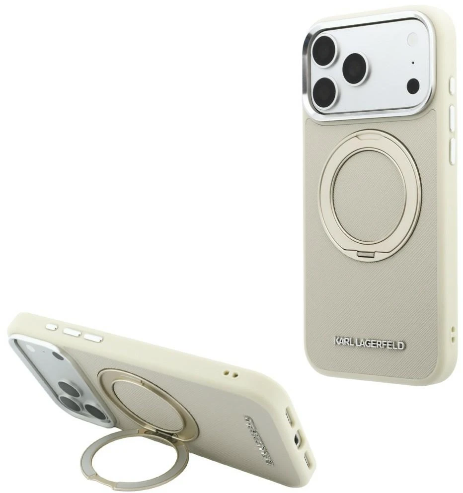 Karl Lagerfeld PU Saffiano dėklas su žiediniu stovu ir MagSafe funkcija, skirtas iPhone 18 Pro, smėlio spalvos