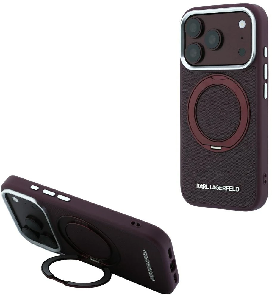 Dėklas Karl Lagerfeld Ring Stand 360 Saffiano Classic Logo MagSafe do iPhone 18 Pro Max / 17 Pro Max bordo spalvos