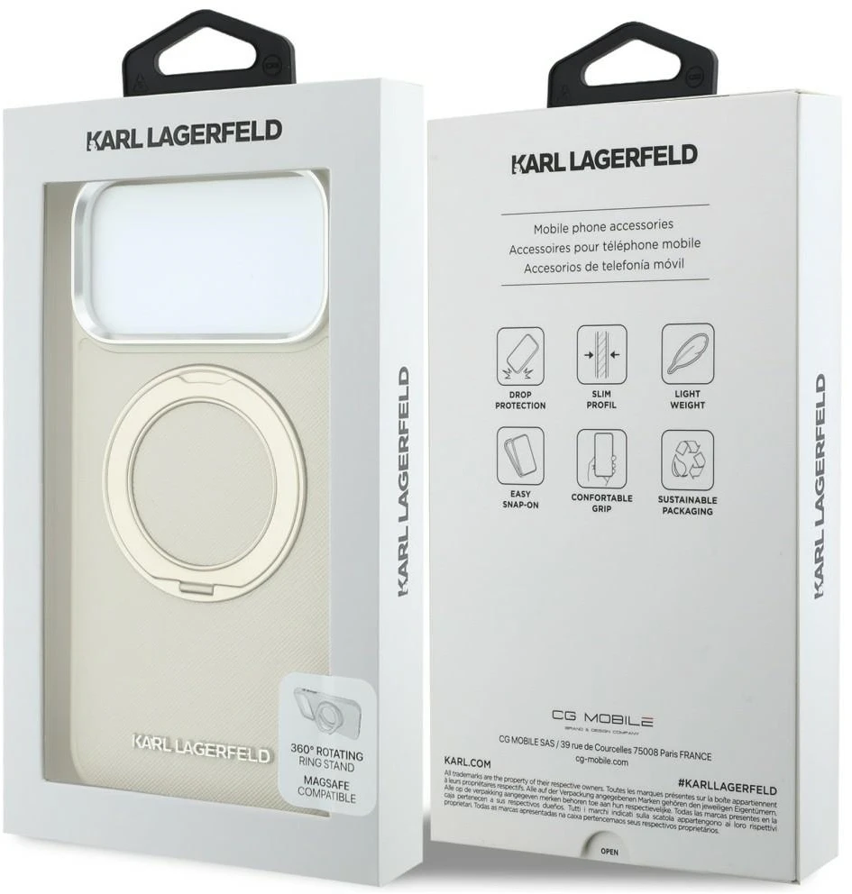 Karl Lagerfeld PU Saffiano dėklas su žiediniu stovu ir MagSafe funkcija, skirtas iPhone 18 Pro, smėlio spalvos