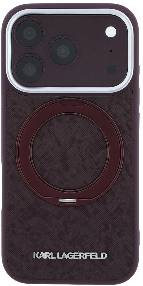 Dėklas Karl Lagerfeld Ring Stand 360 Saffiano Classic Logo MagSafe do iPhone 18 Pro Max / 17 Pro Max bordo spalvos