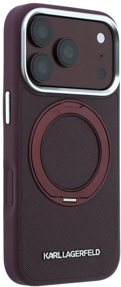 Dėklas Karl Lagerfeld Ring Stand 360 Saffiano Classic Logo MagSafe do iPhone 18 Pro Max / 17 Pro Max bordo spalvos