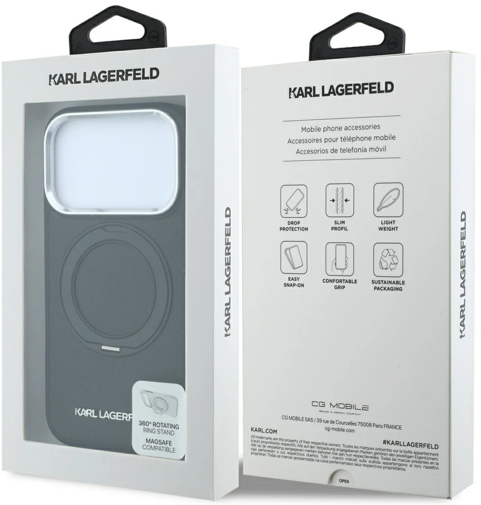 Dėklas Karl Lagerfeld case for IPHONE 18 Pro Max/17 Pro Max compatible with MagSafe (Ring Stand 360 Saffiano Classic Logo) juodas