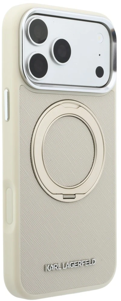 Karl Lagerfeld PU Saffiano dėklas su žiediniu stovu ir MagSafe funkcija, skirtas iPhone 18 Pro, smėlio spalvos