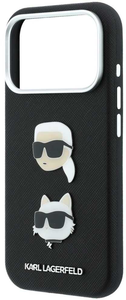 Dėklas Karl Lagerfeld Saffiano Karl&Choupette Heads Pins Strap Logo Case for iPhone 18 Pro / 17 Pro - Juodas