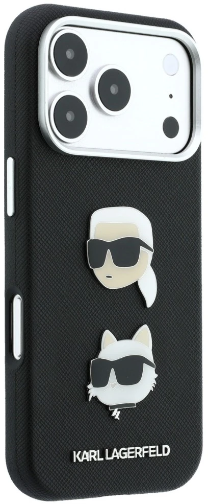 Dėklas Karl Lagerfeld Saffiano Karl&Choupette Heads Pins Strap Logo Case for iPhone 18 Pro / 17 Pro - Juodas
