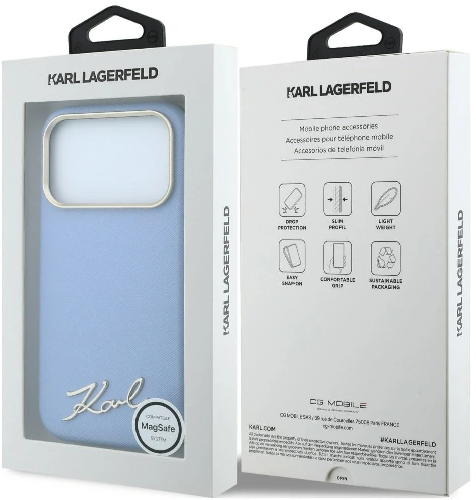 Dėklas Karl Lagerfeld Saffiano Small Script Metal Logo MagSafe Case for iPhone 17 Pro / 18 Pro - Light Mėlyna