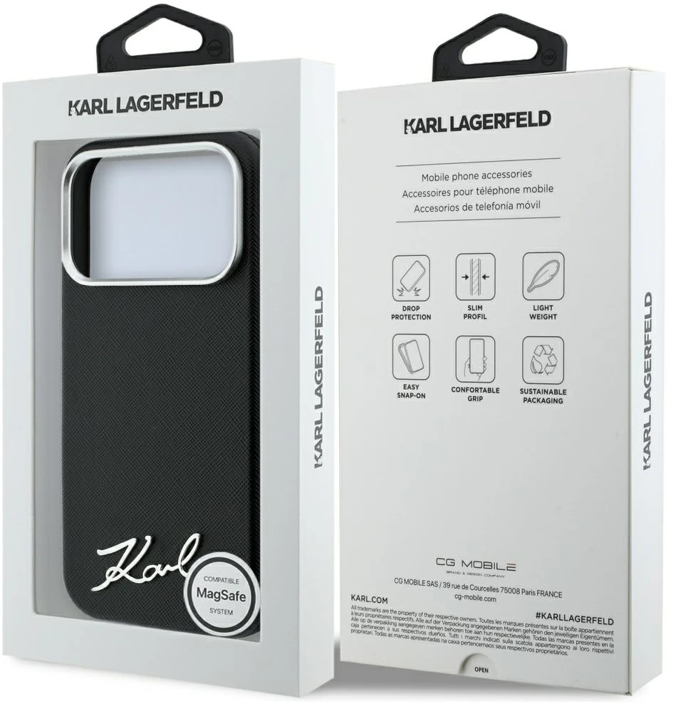 Dėklas Karl Lagerfeld Saffiano Small Script Metal Logo MagSafe Case for iPhone 17 Pro Max / 18 Pro Max - Juodas