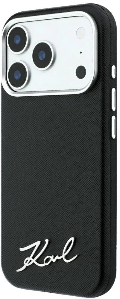 Dėklas Karl Lagerfeld Saffiano Small Script Metal Logo MagSafe do iPhone 18 Pro / 17 Pro juoda