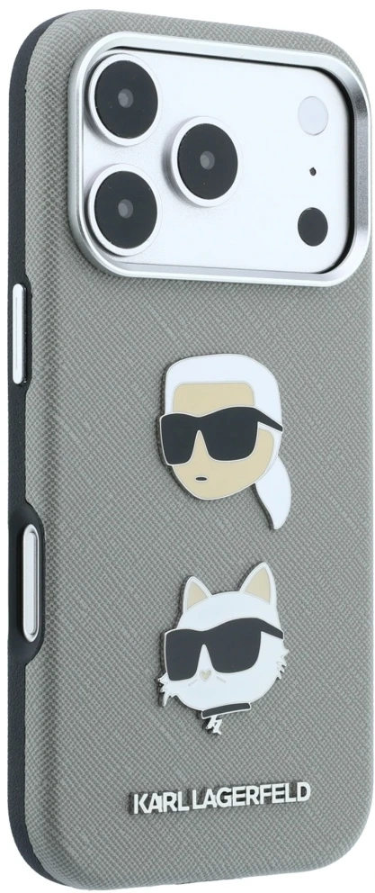 Karl Lagerfeld PU Semi Wrap Saffiano K&CH Heads dėklas, skirtas iPhone 18 Pro Max, pilkas