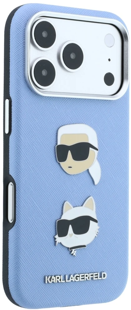 Dėklas Cg Mobile Sas Karl Lagerfeld Saffiano with Karl & Choupette Heads Pins & Logo case for Iphone 18 Pro Max / 17 Pro Max mėlynas