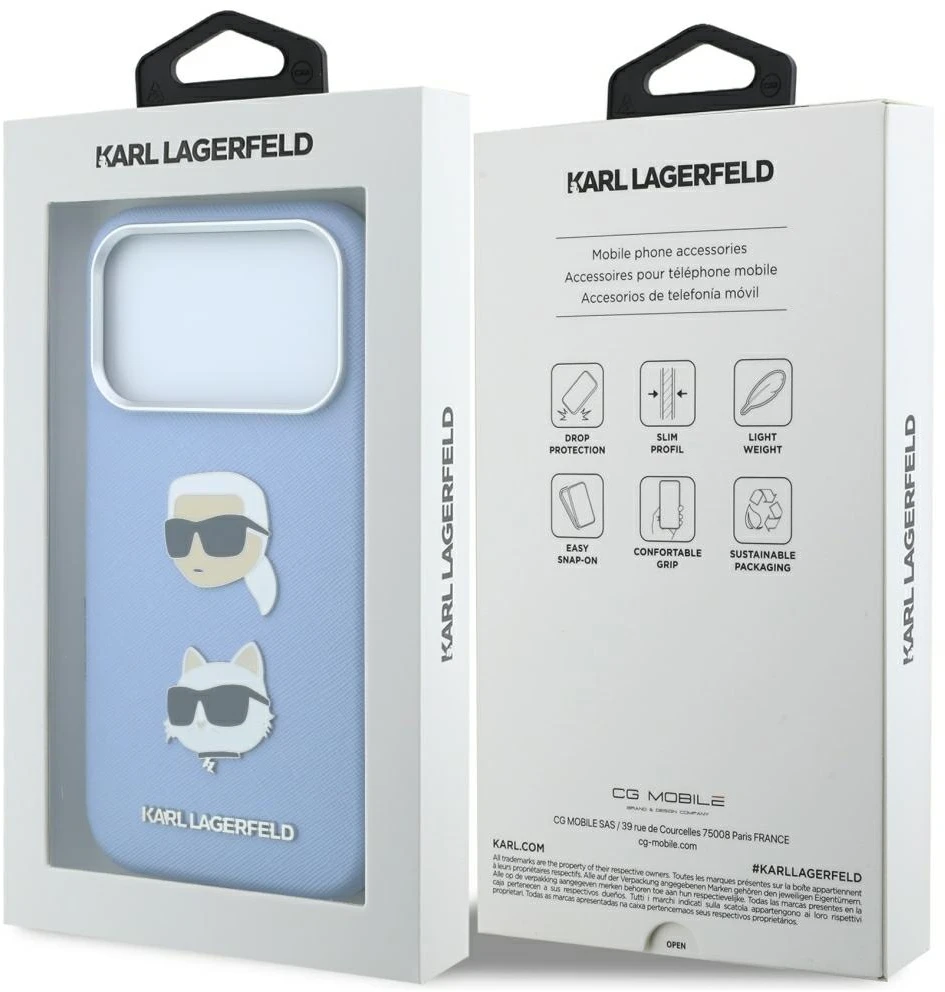 Dėklas Cg Mobile Sas Karl Lagerfeld Saffiano with Karl & Choupette Heads Pins & Logo case for Iphone 18 Pro Max / 17 Pro Max mėlynas