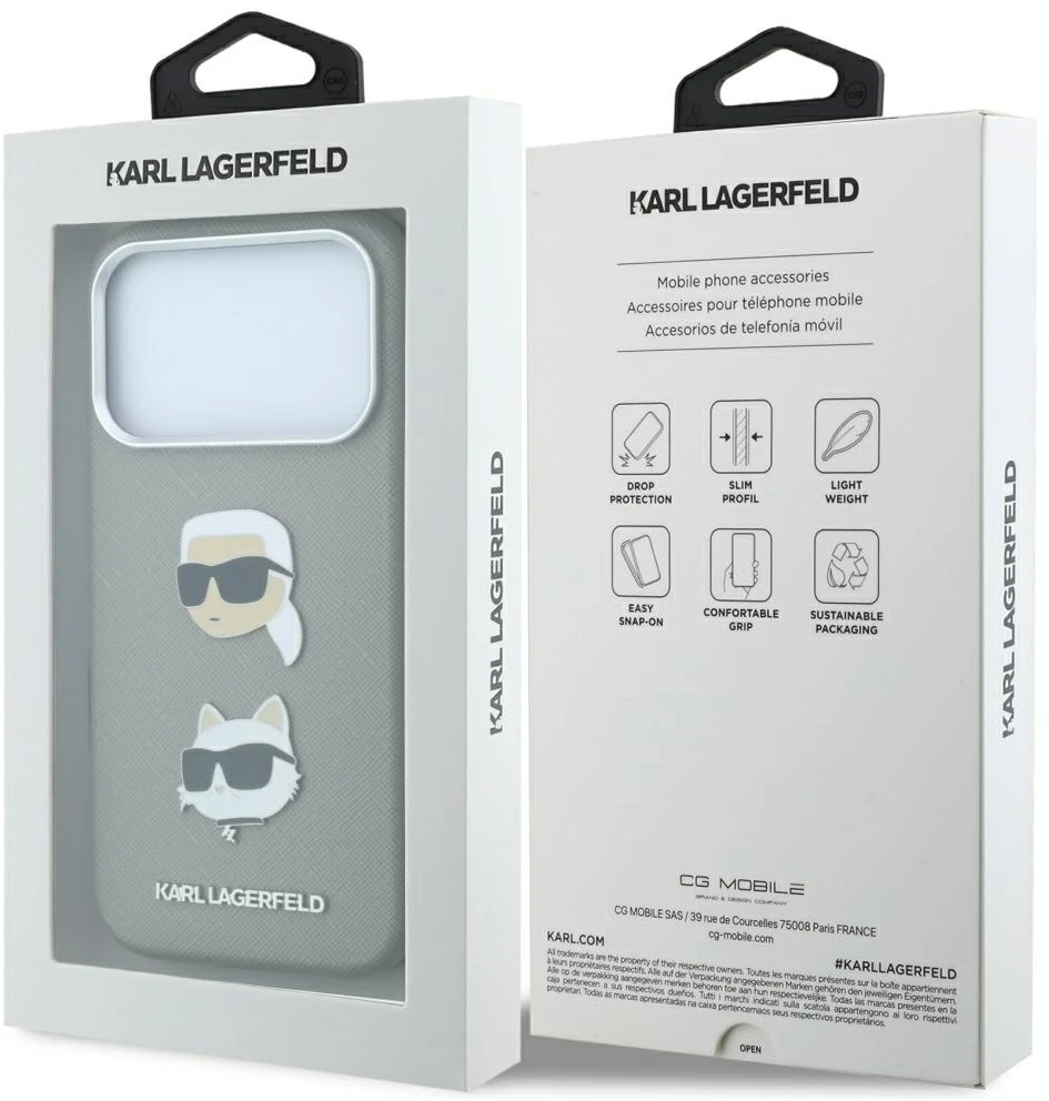 Karl Lagerfeld PU Semi Wrap Saffiano K&CH Heads dėklas, skirtas iPhone 18 Pro Max, pilkas