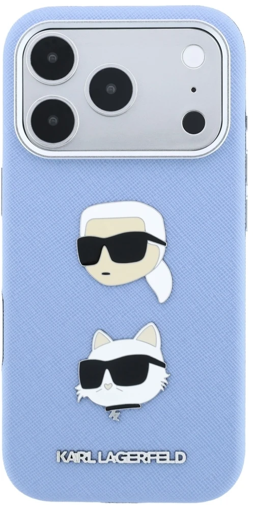 Dėklas Cg Mobile Sas Karl Lagerfeld Saffiano with Karl & Choupette Heads Pins & Logo case for Iphone 18 Pro Max / 17 Pro Max mėlynas