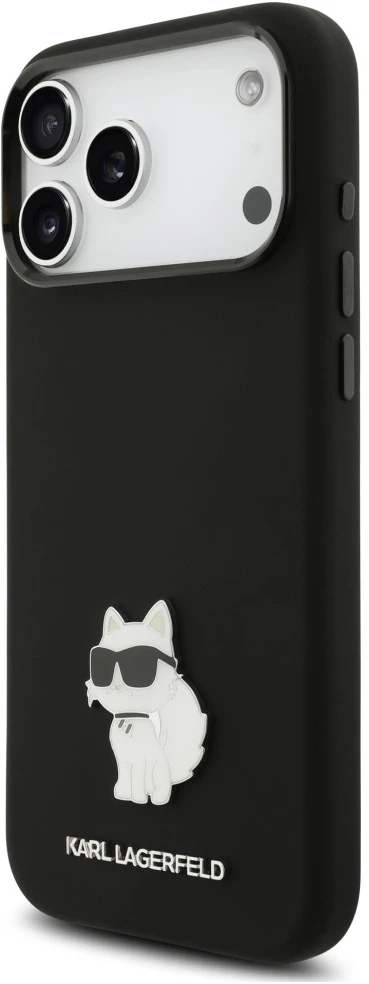 Dėklas Karl Lagerfeld Silicone Choupette Metal Pin iPhone 18 Pro Max / 17 Pro Max juoda
