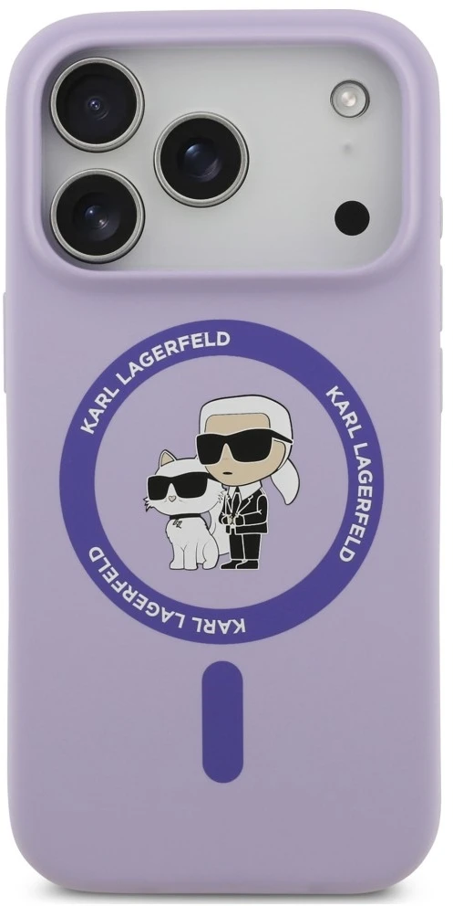 Dėklas Karl Lagerfeld Silicone Karl&Choupette Ring MagSafe do iPhone 18 Pro / 17 Pro violetinė
