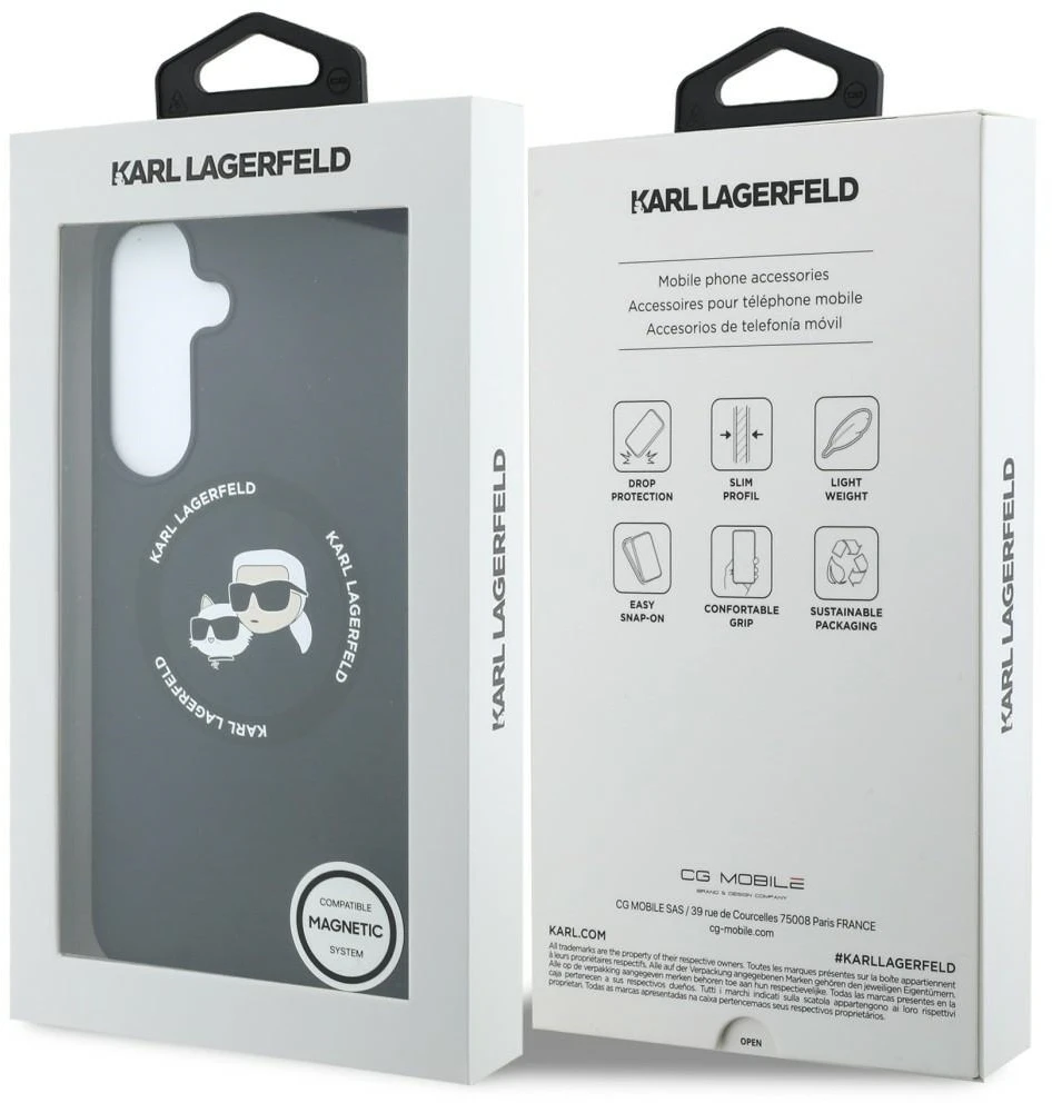 Karl Lagerfeld skysto silikono dvigubų galvučių magnetinis dėklas, skirtas Samsung Galaxy S26 FE, juodas