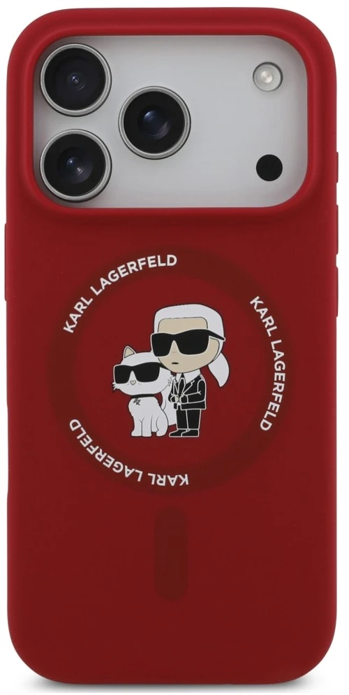 Dėklas Karl Lagerfeld Silicone Karl&Choupette Ring MagSafe do iPhone 18 Pro / 17 Pro raudona