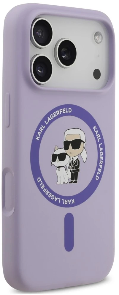 Dėklas Karl Lagerfeld Silicone Karl&Choupette Ring MagSafe do iPhone 18 Pro / 17 Pro violetinė