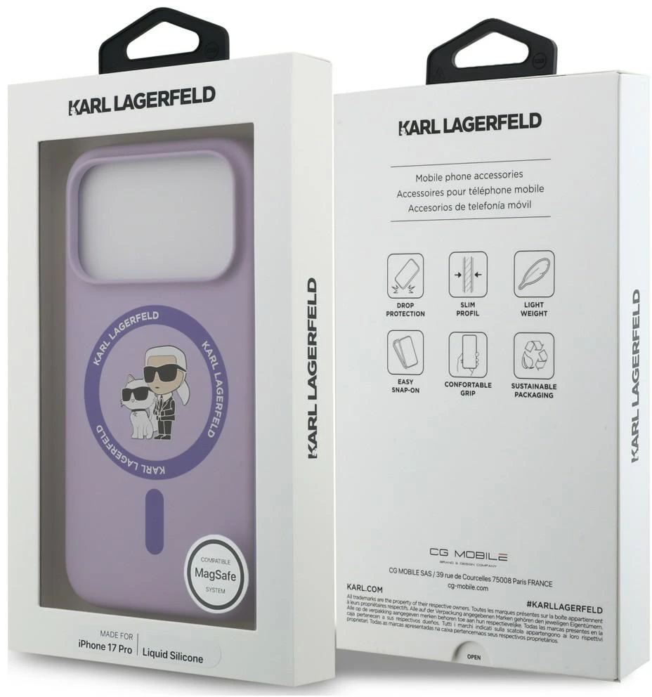 Dėklas Karl Lagerfeld Silicone Karl&Choupette Ring MagSafe do iPhone 18 Pro / 17 Pro violetinė