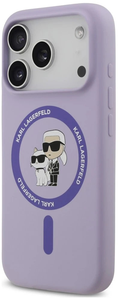 Dėklas Karl Lagerfeld Silicone Karl&Choupette Ring MagSafe do iPhone 18 Pro / 17 Pro violetinė