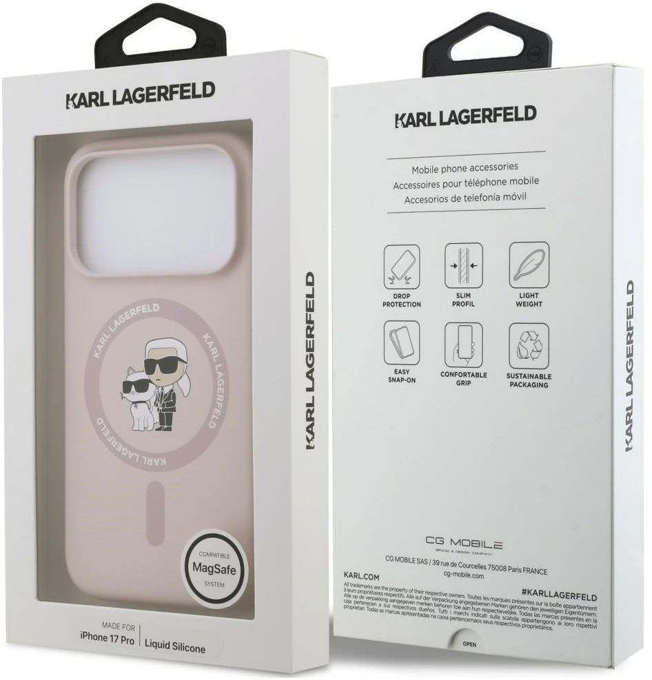 Karl Lagerfeld skysto silikono Karl and Choupette MagSafe dėklas, skirtas iPhone 18 Pro, rožinis