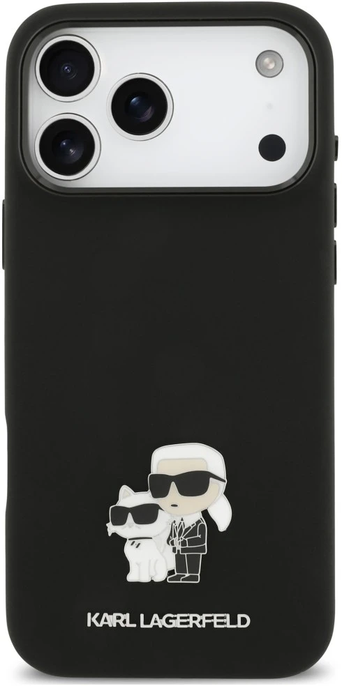 Dėklas Karl Lagerfeld Silicone Karl&Choupette Metal Pin iPhone 18 Pro Max / 17 Pro Max juoda