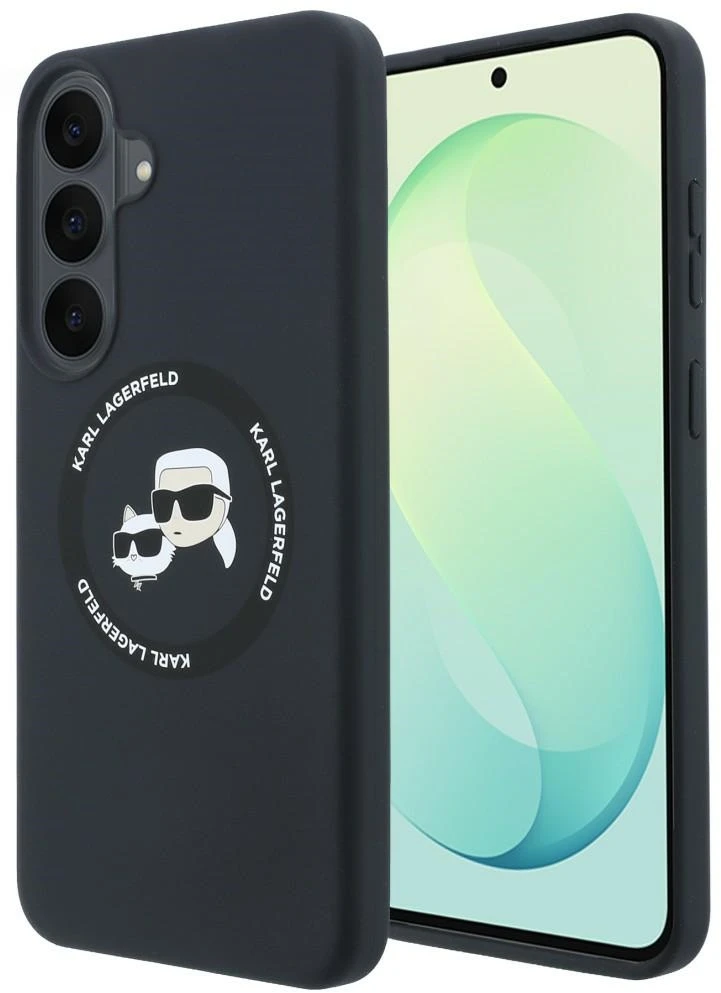 Karl Lagerfeld skysto silikono dvigubų galvučių magnetinis dėklas, skirtas Samsung Galaxy S26 FE, juodas