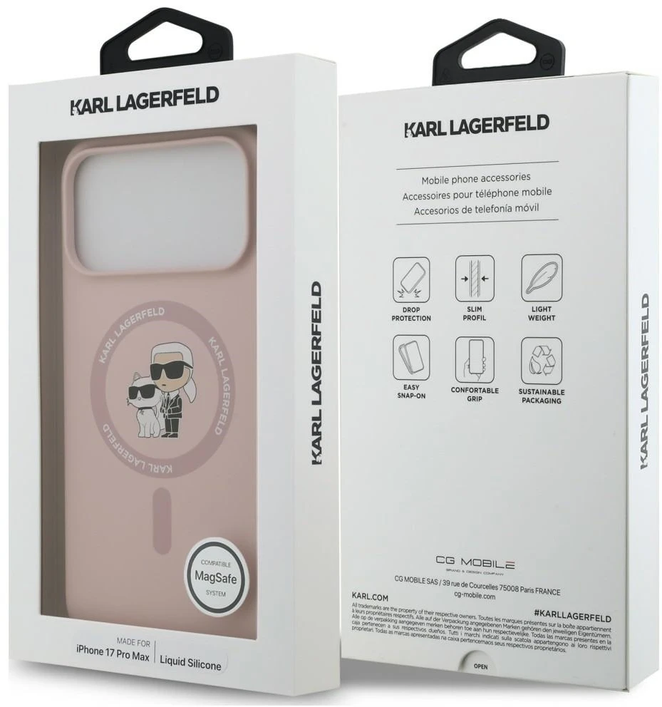 Karl Lagerfeld skysto silikono Karl and Choupette MagSafe dėklas, skirtas iPhone 18 Pro Max, rausvas