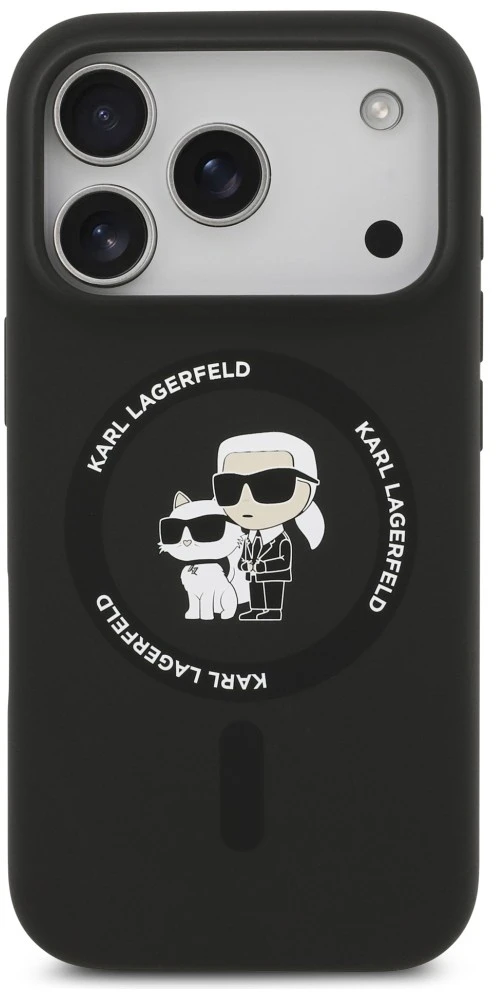 Dėklas Karl Lagerfeld Silicone Karl&Choupette Ring MagSafe do iPhone 18 Pro / iPhone 17 Pro juoda