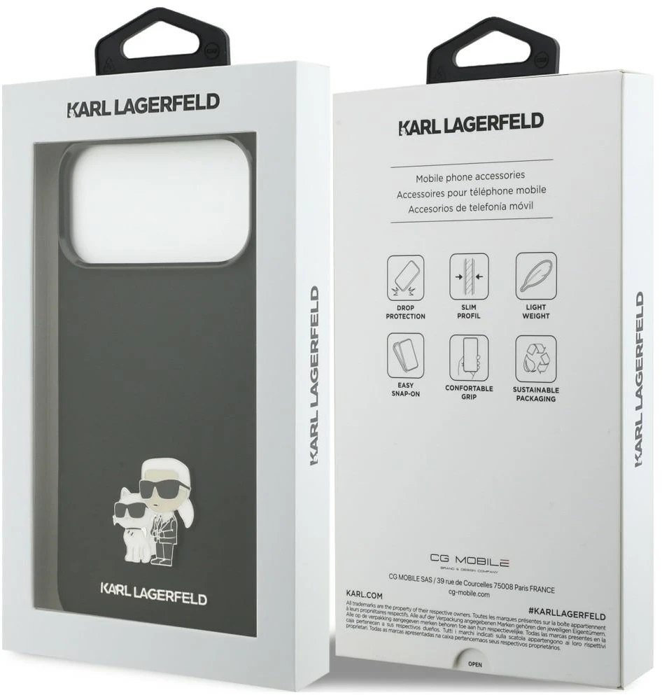 Dėklas Karl Lagerfeld Silicone Karl&Choupette Metal Pin iPhone 18 Pro Max / 17 Pro Max juoda