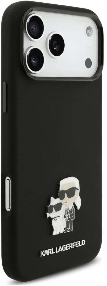 Dėklas Karl Lagerfeld Silicone Karl&Choupette Metal Pin iPhone 18 Pro Max / 17 Pro Max juoda