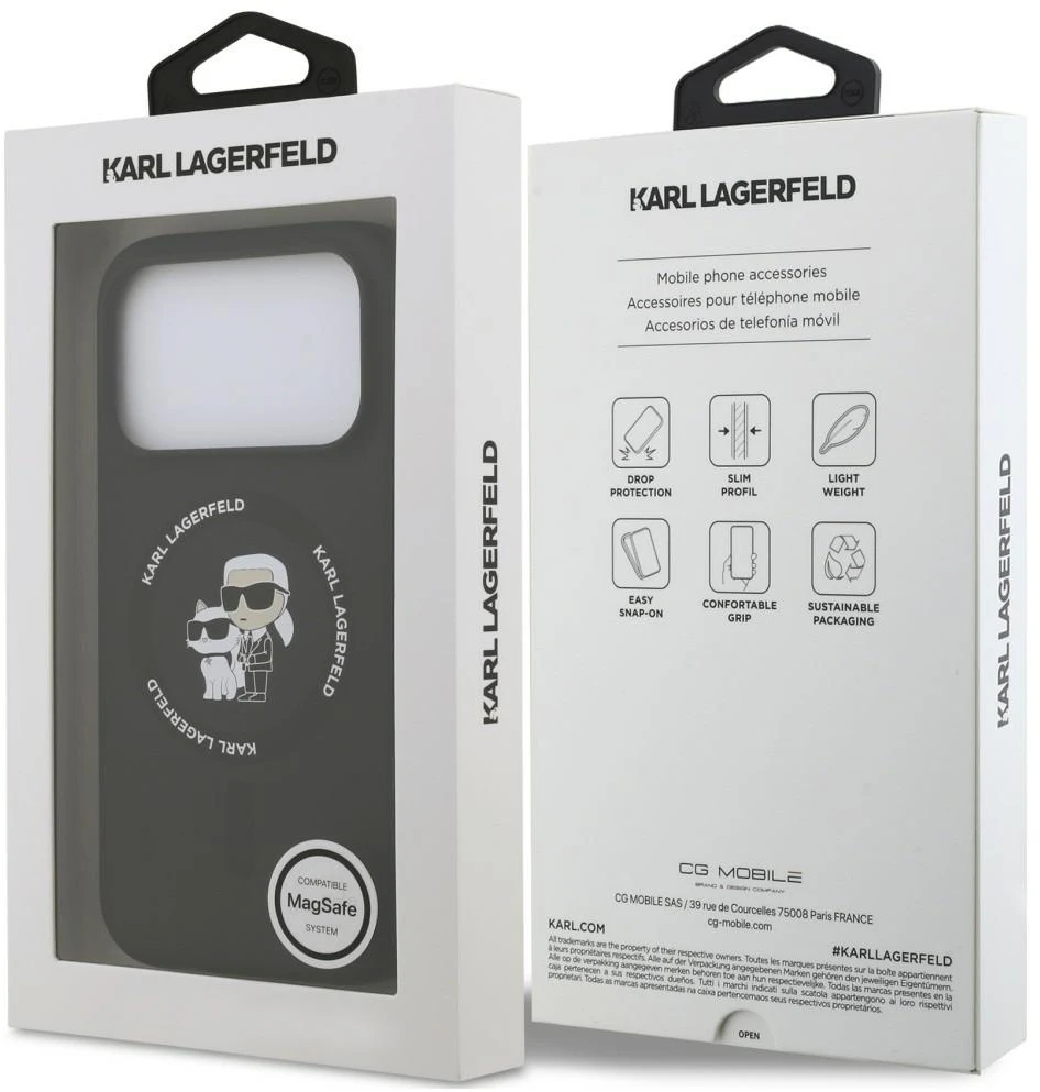Karl Lagerfeld skysto silikono Karl ir Choupette MagSafe dėklas, skirtas iPhone 18 Pro Max, juodas