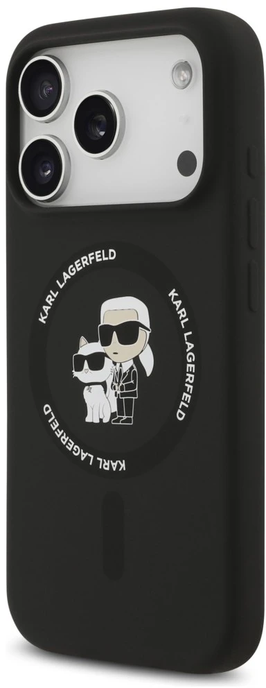 Dėklas Karl Lagerfeld Silicone Karl&Choupette Ring MagSafe do iPhone 18 Pro / iPhone 17 Pro juoda