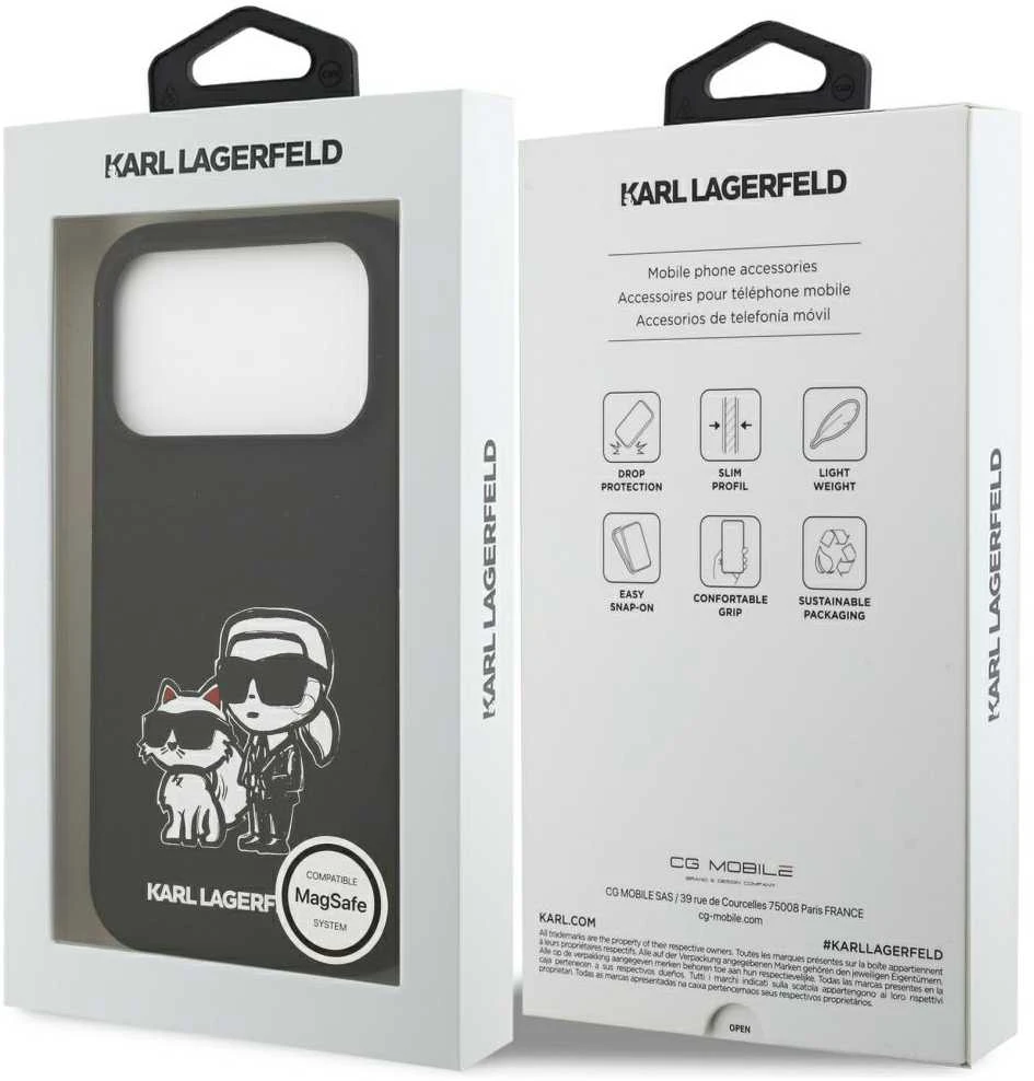 Karl Lagerfeld dėklas, skirtas IPHONE 17 Pro, suderinamas su MagSafe KLHMP17LSKCGRGOK (silikonas su K&C eskizu ir logotipu), juodas