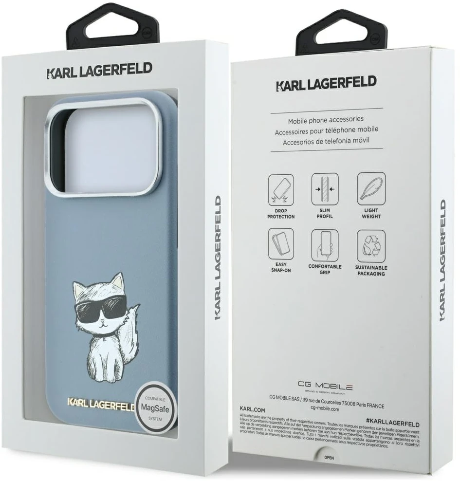 Dėklas Karl Lagerfeld Smooth Choupette Sketch MagSafe do iPhone 18 Pro / 17 Pro Šviesiai mėlynas