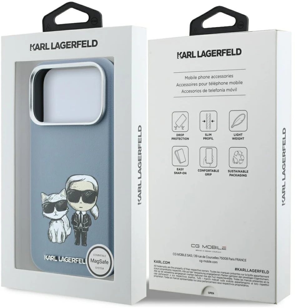 Karl Lagerfeld PU pusiau suvyniojamas lygaus eskizo korpusas Magsafe dėklas, skirtas iPhone 18 Pro Max, mėlynas