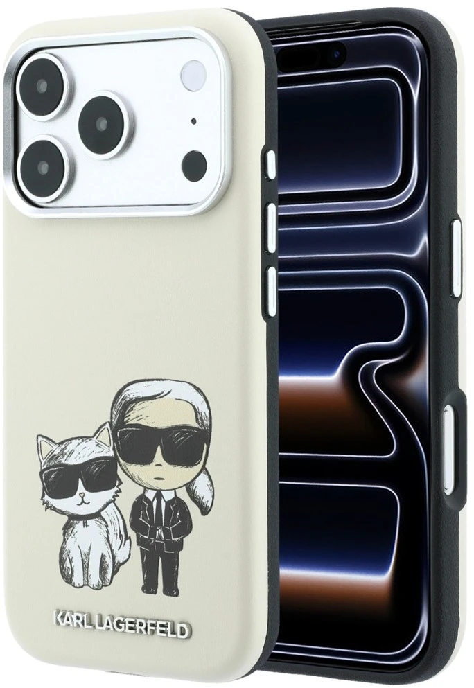 Dėklas Karl Lagerfeld Smooth Karl & Choupette Bodies Sketch MagSafe Case, skirtas iPhone 18 Pro / 17 Pro – smėlio spalvos