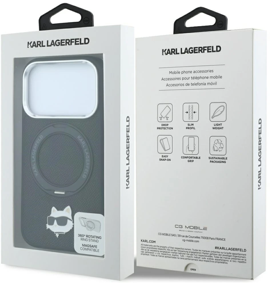 Dėklas Karl Lagerfeld with Ring Stand 360 Choupette Head Pin MagSafe Case for iPhone 18 Pro Max / 17 Pro Max - Juodas