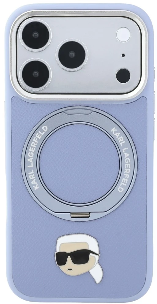 Dėklas Karl Lagerfeld su žiediniu stovu 360 Karl Head Pin MagSafe, skirtas iPhone 18 Pro / 17 Pro, šviesiai mėlynas