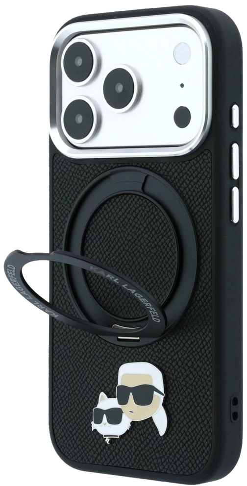 Karl Lagerfeld PU Grained K&CH Heads Ring Stand Magsafe dėklas skirtas iPhone 18 Pro Max juodos spalvos