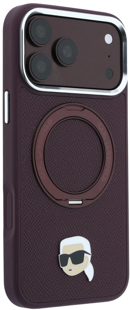 Dėklas Karl Lagerfeld with Ring Stand 360 Karl Head Pin MagSafe do iPhone 18 Pro Max / 17 Pro Max bordo spalvos