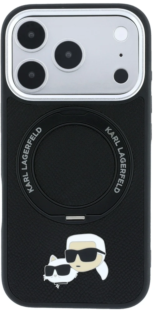 Dėklas Karl Lagerfeld with Ring Stand 360 Karl & Choupette Heads Pin MagSafe do iPhone 18 Pro / 17 Pro juoda