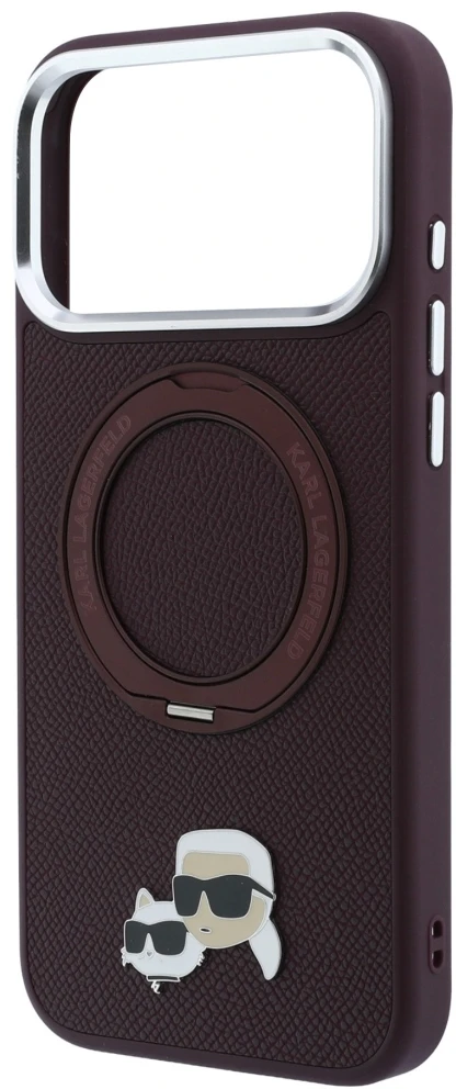 Dėklas Karl Lagerfeld with Ring Stand 360 Karl & Choupette Heads Pin MagSafe do iPhone 18 Pro / 17 Pro bordo spalvos