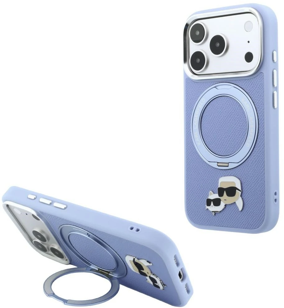 Dėklas Karl Lagerfeld with Ring Stand 360 Karl & Choupette Heads Pin MagSafe do iPhone 18 Pro Max / 17 Pro Max Šviesiai mėlynas