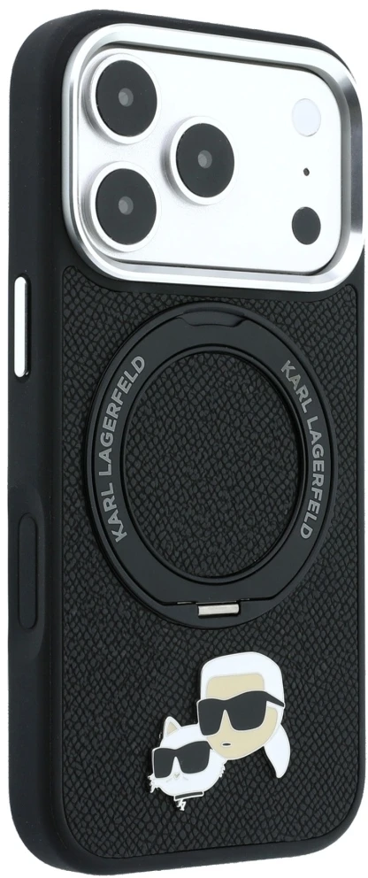 Karl Lagerfeld PU Grained K&CH Heads Ring Stand Magsafe dėklas skirtas iPhone 18 Pro Max juodos spalvos