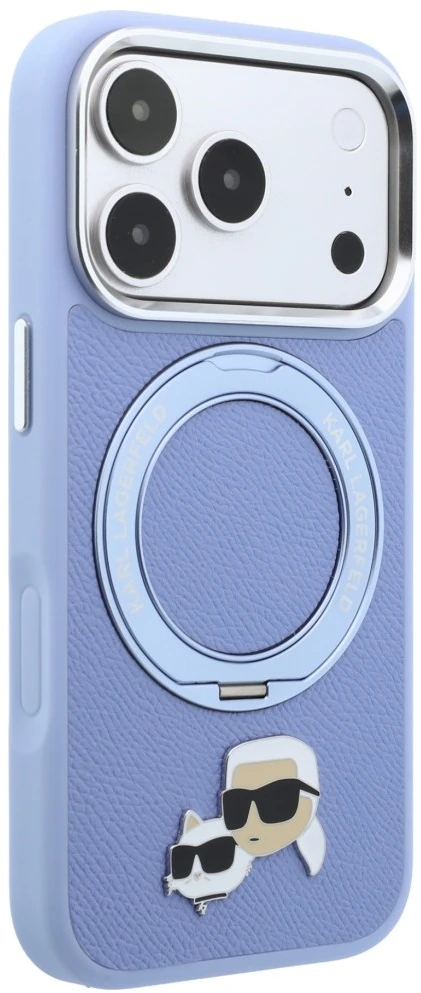 Dėklas Karl Lagerfeld with Ring Stand 360 Karl & Choupette Heads Pin MagSafe do iPhone 18 Pro Max / 17 Pro Max Šviesiai mėlynas