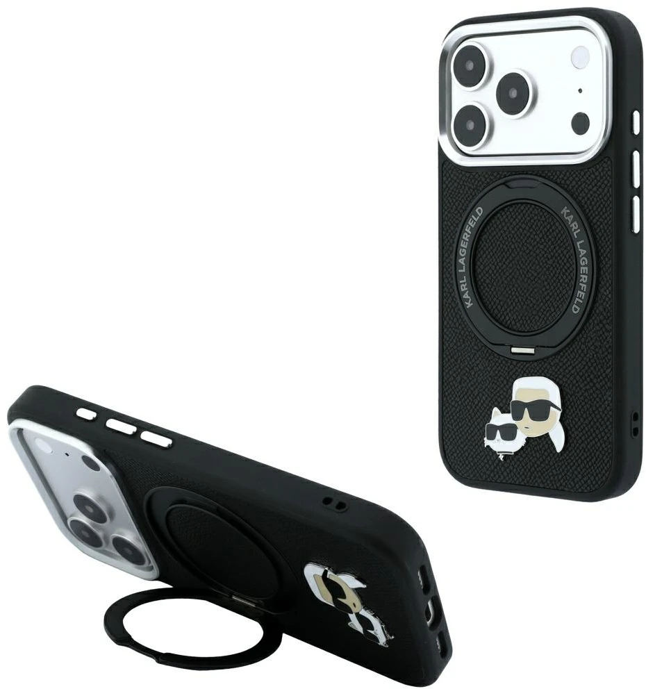 Karl Lagerfeld PU Grained K&CH Heads Ring Stand Magsafe dėklas skirtas iPhone 18 Pro Max juodos spalvos