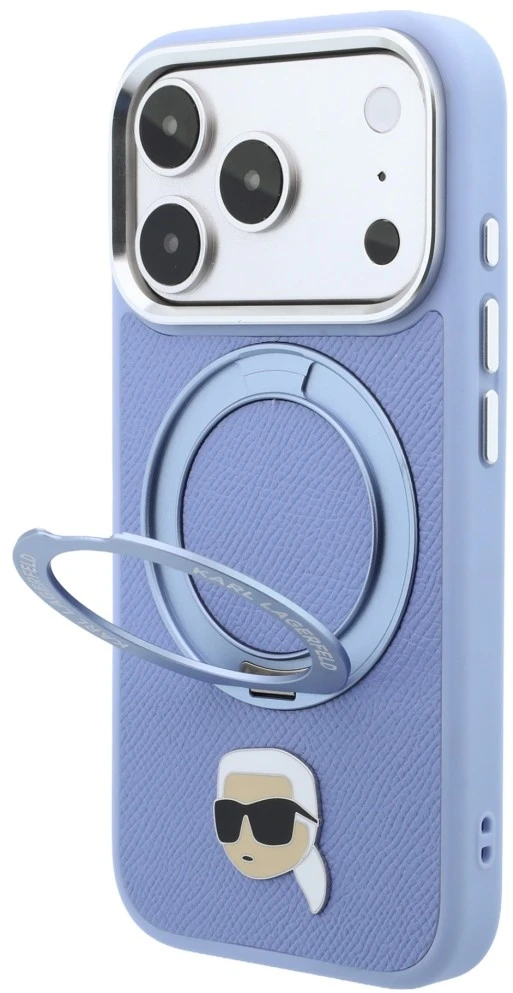 Dėklas Karl Lagerfeld su žiediniu stovu 360 Karl Head Pin MagSafe, skirtas iPhone 18 Pro / 17 Pro, šviesiai mėlynas